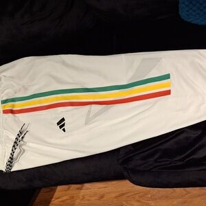White Adidas Track Pants with Rainbow Stripes